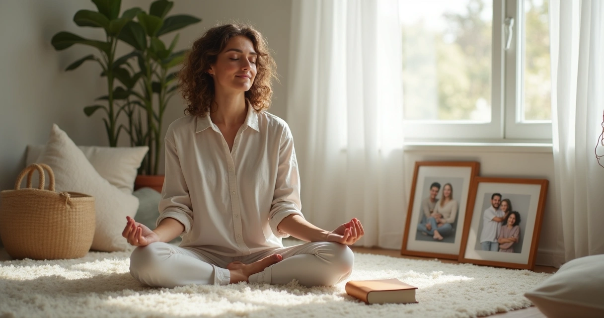 Persona sentada en postura de meditación en un entorno tranquilo 