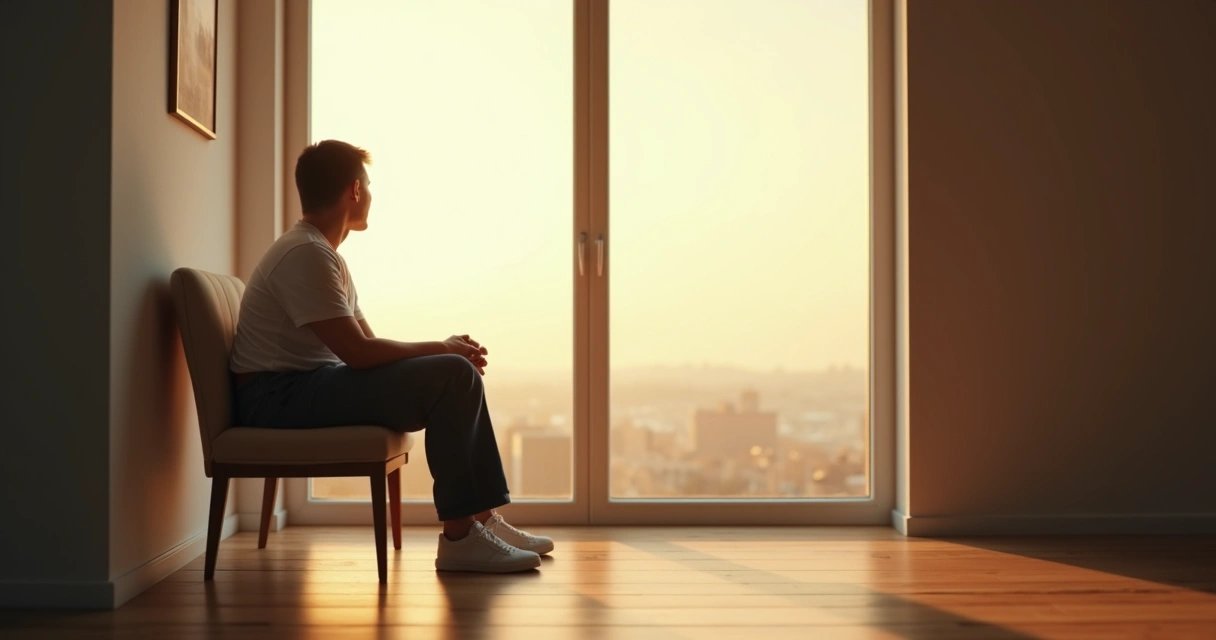 Persona sola sentada, mirando por la ventana, ambiente tranquilo y reflexivo