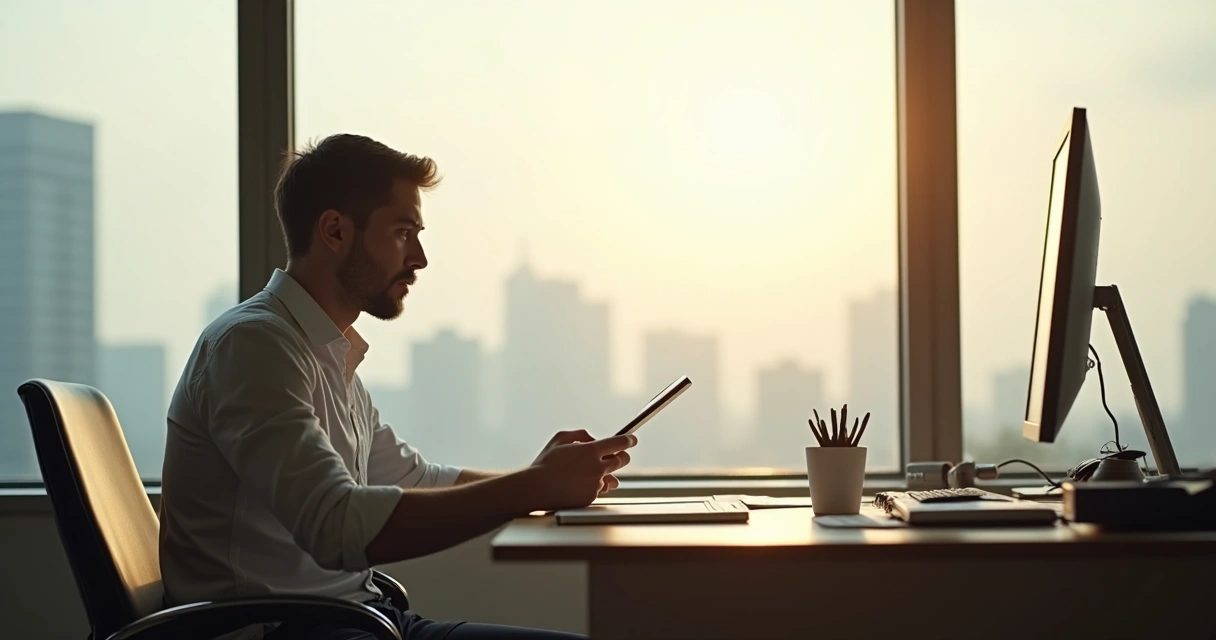 Trabajador reflexionando solo en una oficina luminosa 