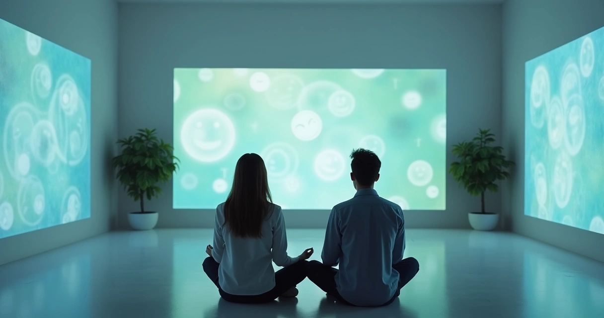 Dos personas reflexionando frente a pantallas digitales en un ambiente tranquilo 