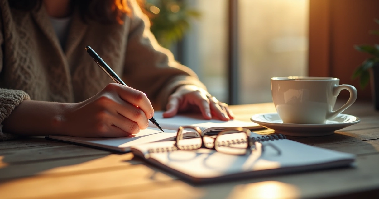 Manos escribiendo en un cuaderno de reflexión, café y gafas al lado