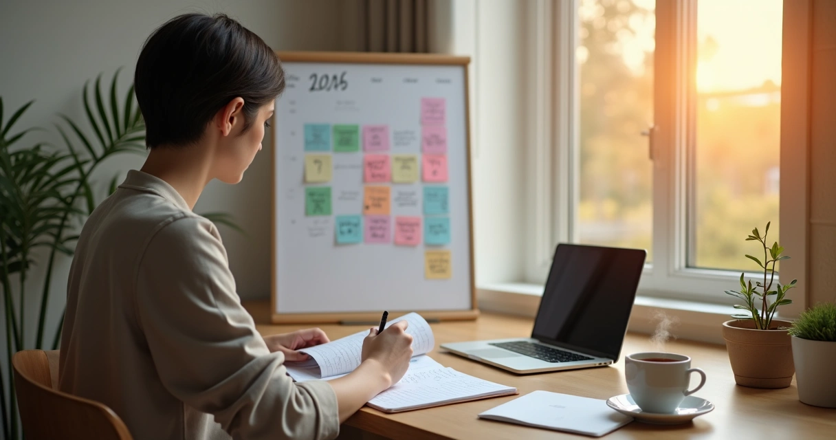 Persona reflexionando frente a un calendario de 2026 con notas de prioridades 