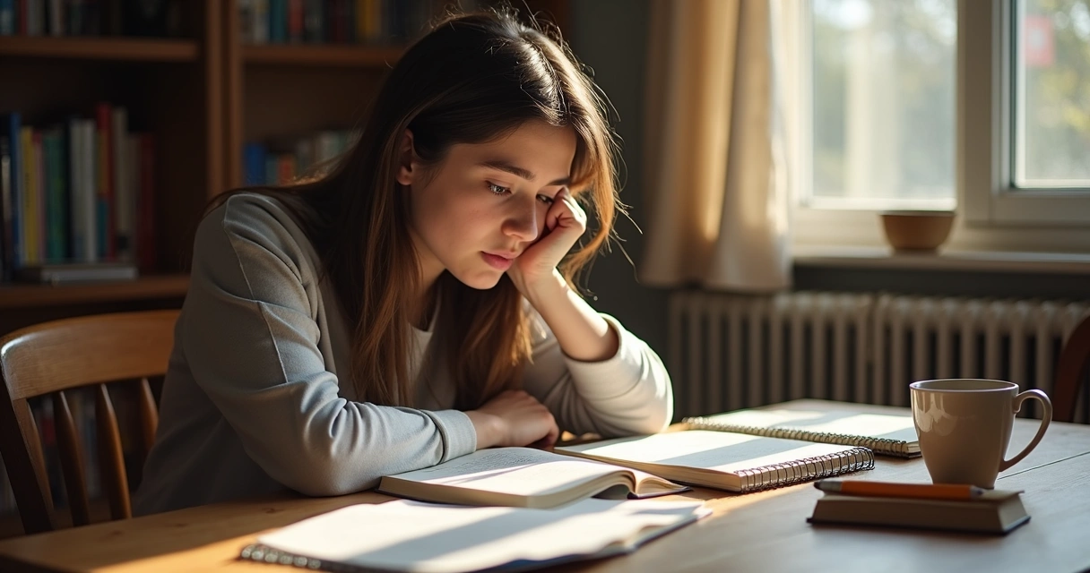 Persona reflexionando frente a cuadernos y libros abiertos