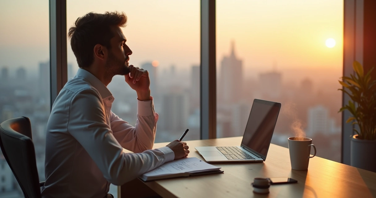 Persona reflexionando sobre su propósito profesional frente a una gran ventana en una oficina moderna 