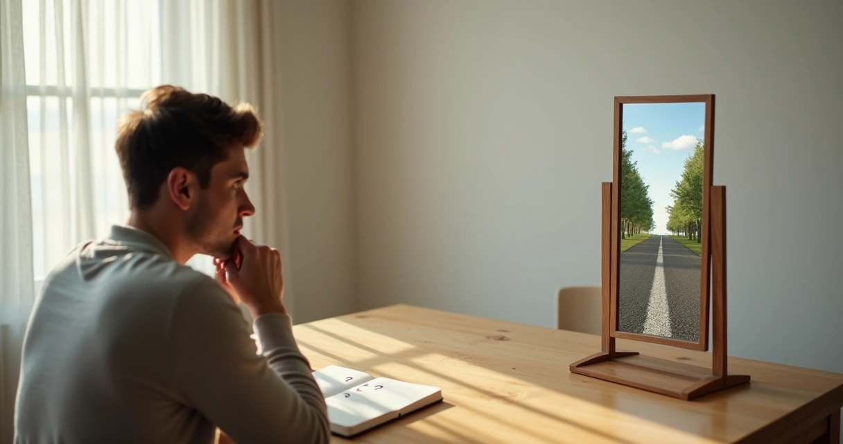 Persona reflexionando frente a un espejo con camino dividido al fondo 