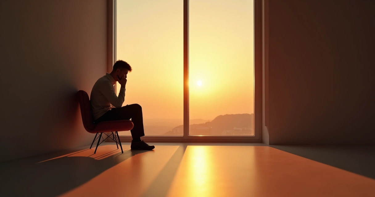 Persona sentada sola junto a una ventana, pensativa, bañada por luz suave al atardecer 