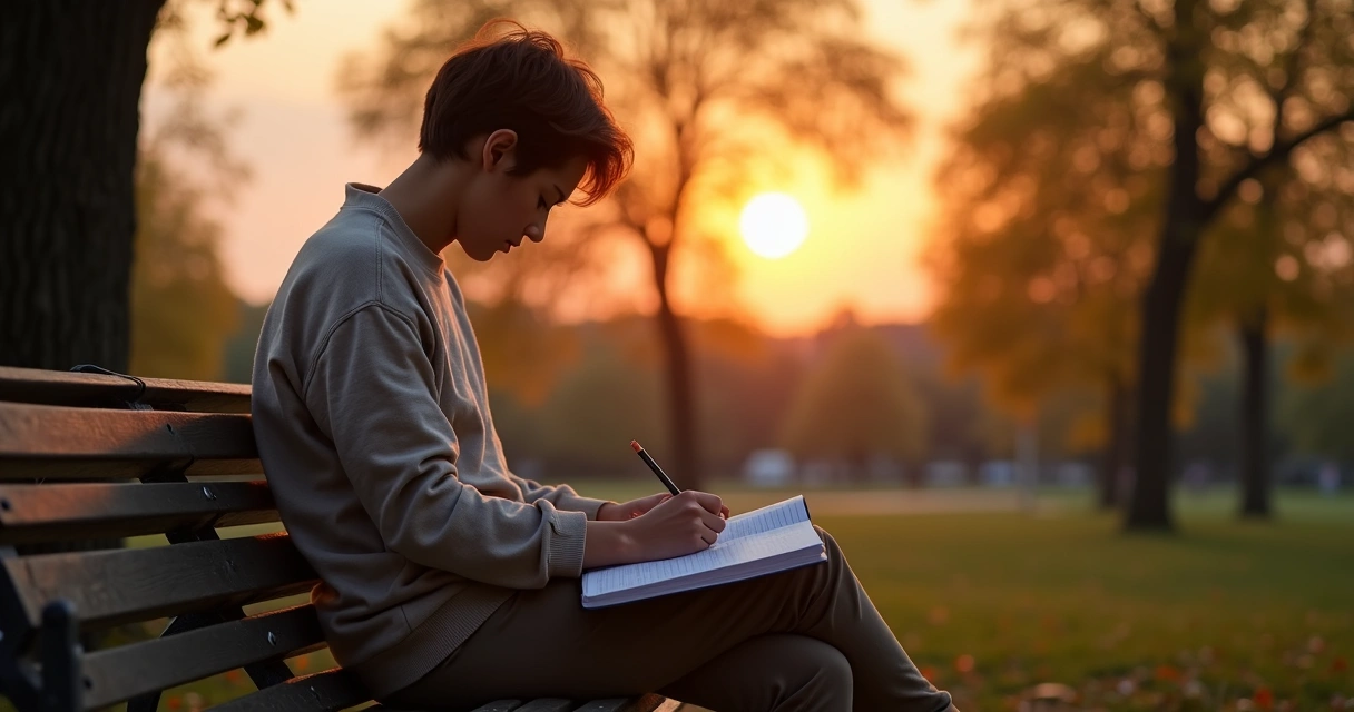 Persona escribiendo sentada en una silla de parque al atardecer 