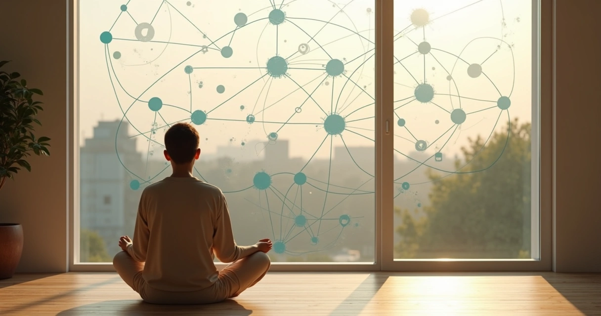 Persona meditando frente a un mural con conexiones sistémicas 