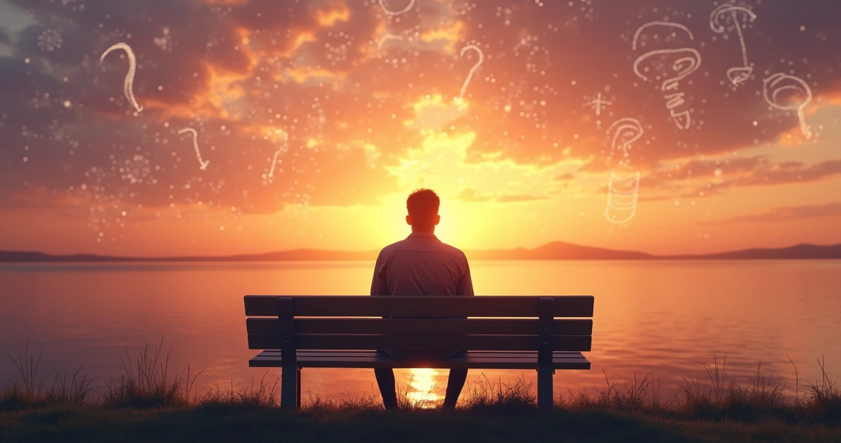 Persona sentada mirando hacia el horizonte en un atardecer, con símbolos de caminos e ideas al fondo. 