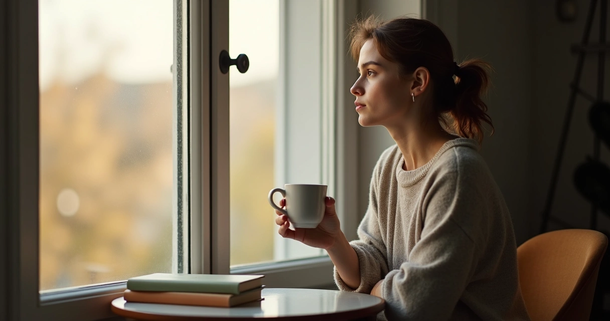 Persona sentada frente a una ventana con luz natural, mirando pensativa una taza de café. 