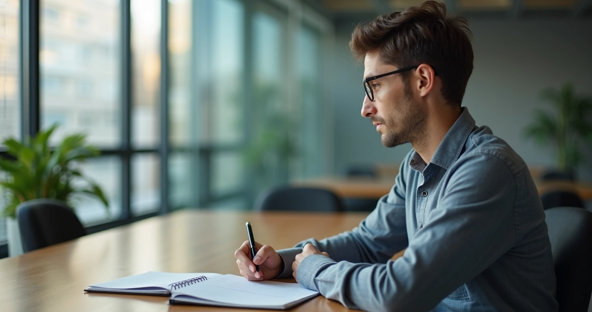 Profesional de ventas reflexionando frente a una libreta en la oficina