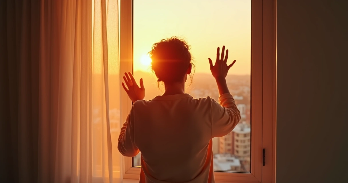 Persona mirando por una ventana al atardecer, reflexionando 