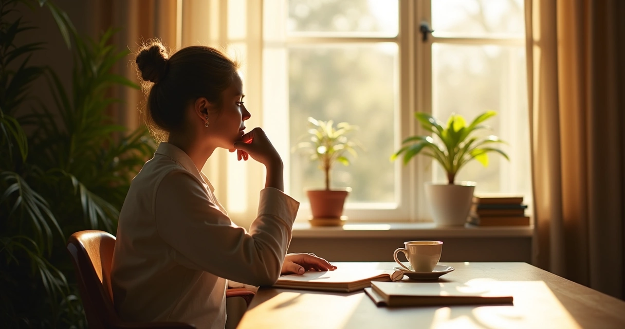 Persona sentada junto a una ventana iluminada, reflexionando en silencio 