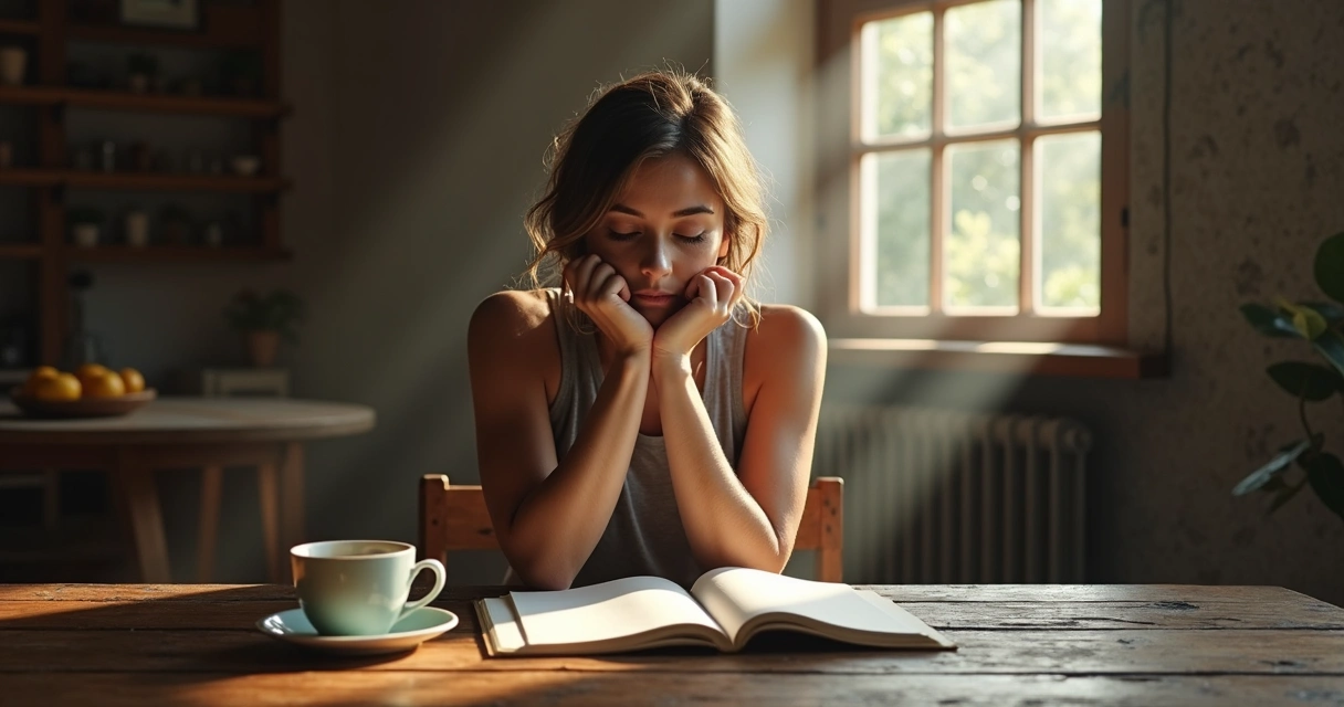 Persona reflexionando en una mesa con luz natural 
