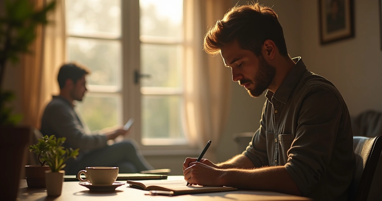 Persona escribiendo en un cuaderno después de una conversación tranquila
