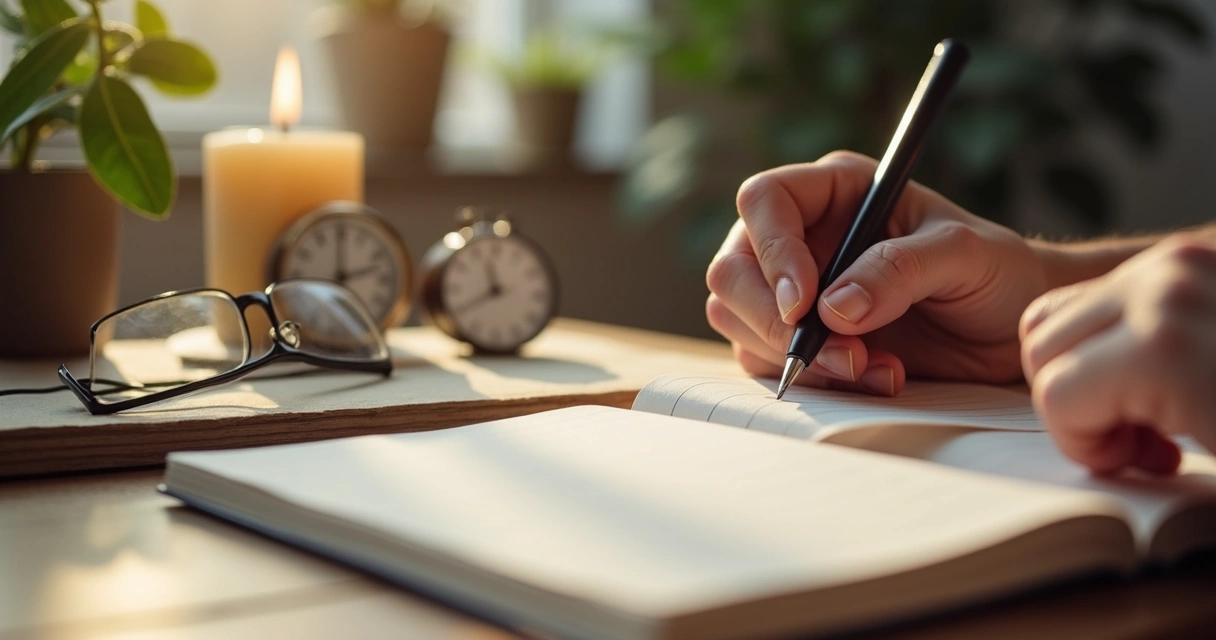 Manos escribiendo en un cuaderno durante un momento de reflexión