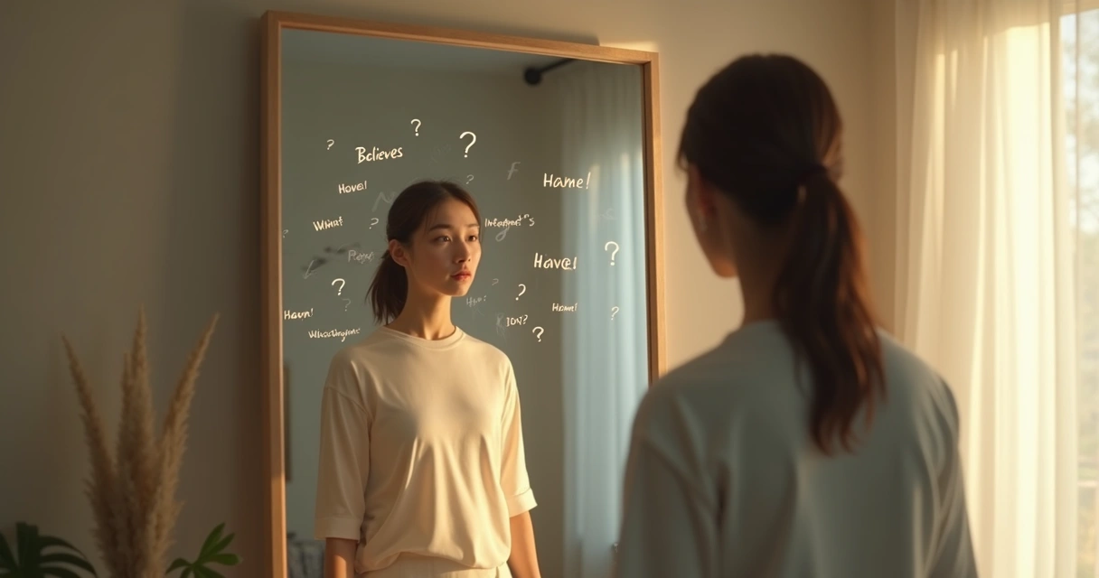 Pessoa observando o próprio reflexo com anotações ao redor