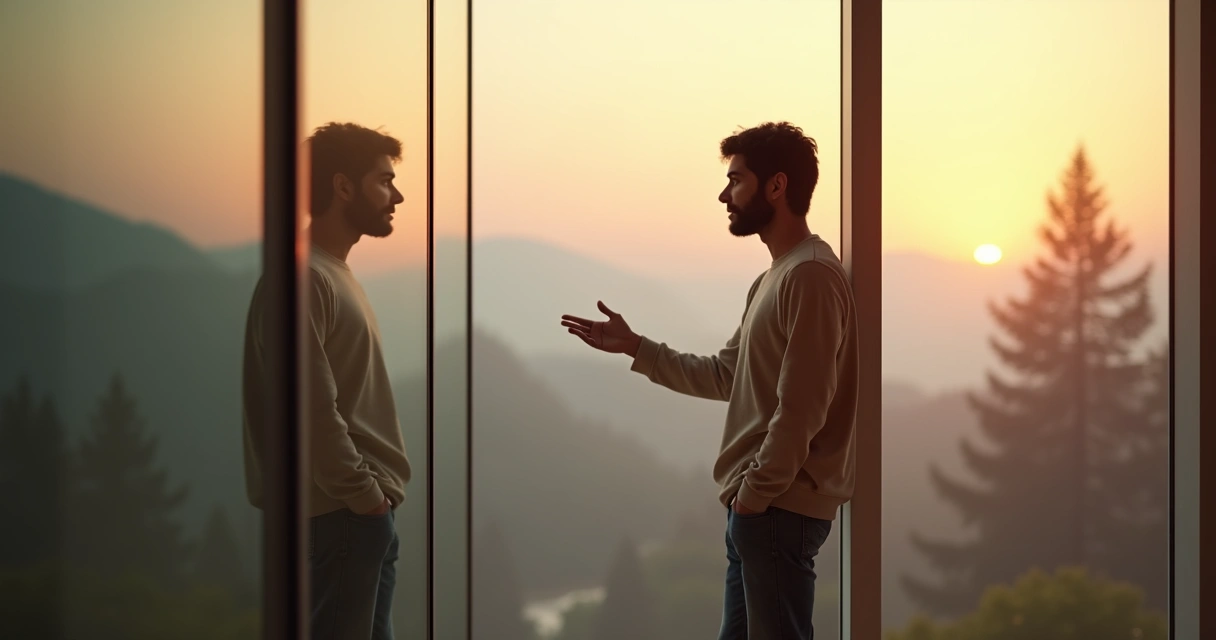 Pessoa observando o próprio reflexo em janela com paisagem serena ao fundo 