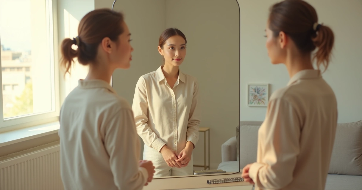 Pessoa observando o próprio reflexo com expressão atenta em ambiente claro 