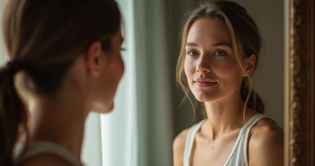 Reflexo de uma mulher olhando para si mesma em um espelho, expressão serena 