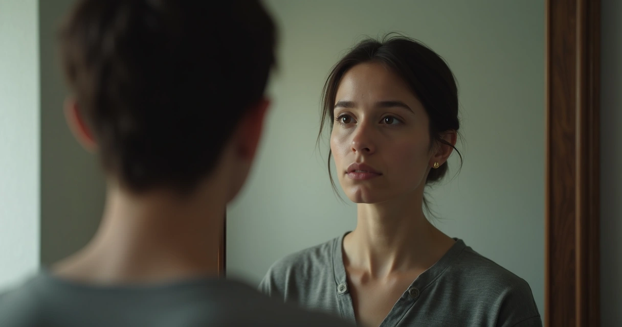 Pessoa olhando para o próprio reflexo em espelho, com expressão questionadora 