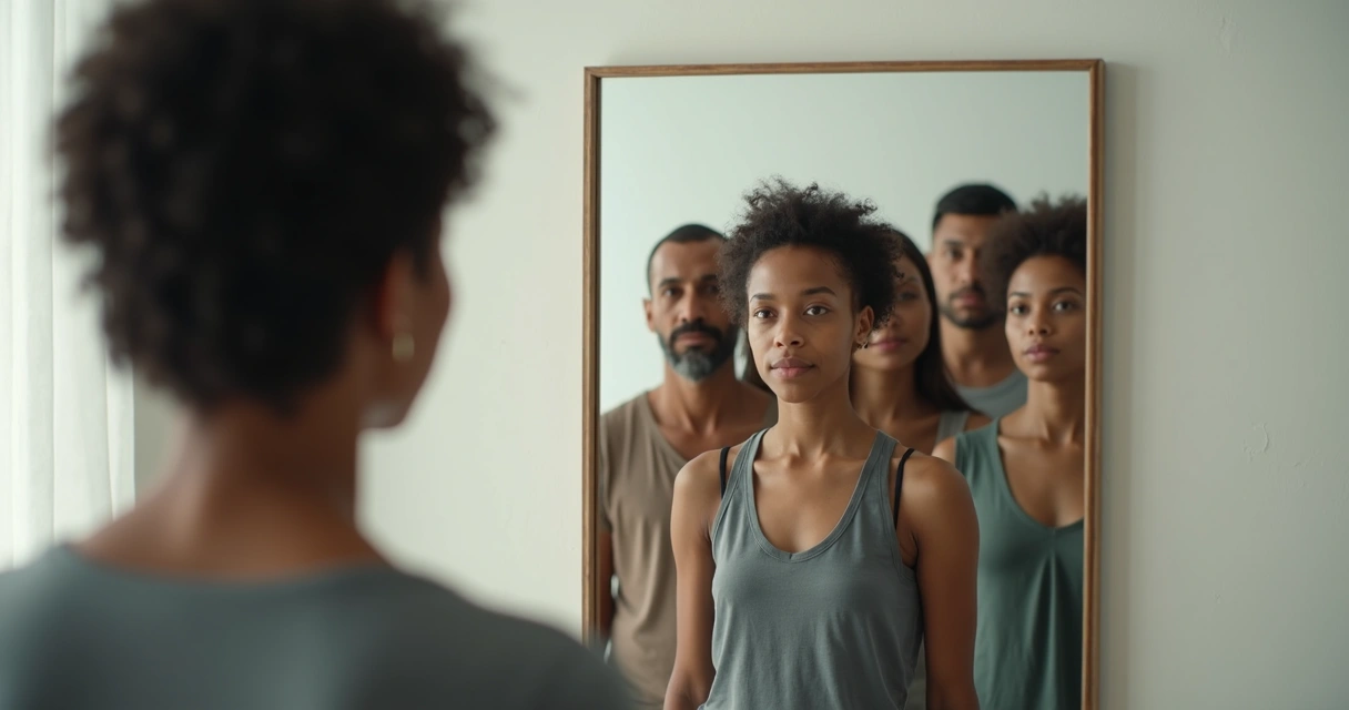 Pessoa em frente ao espelho com reflexo mostrando diferentes pessoas 
