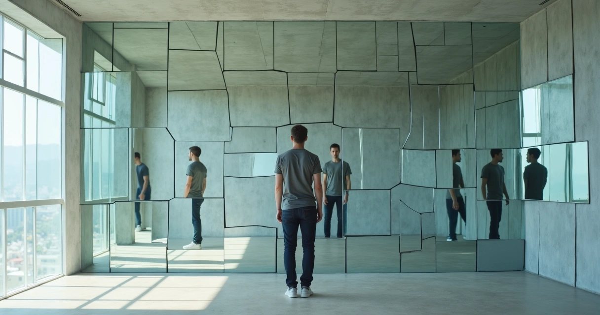 Pessoa vê reflexos fragmentados de si mesma em mosaico de espelhos 