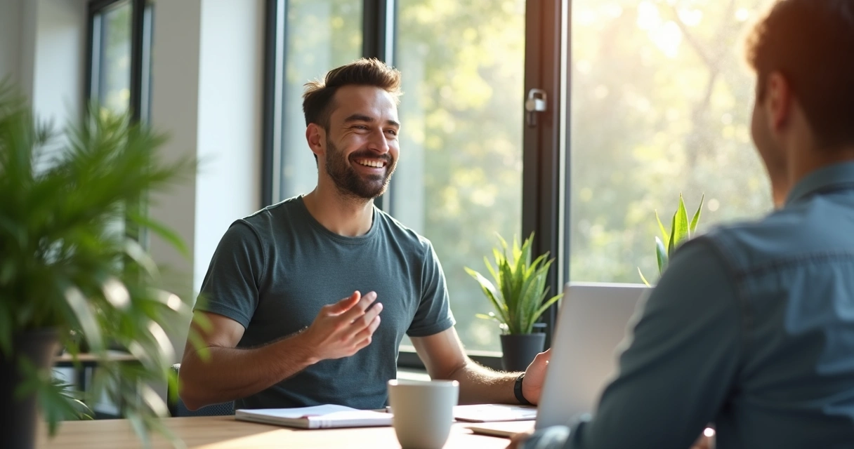 Homem sorrindo ao conversar no trabalho após meditação 