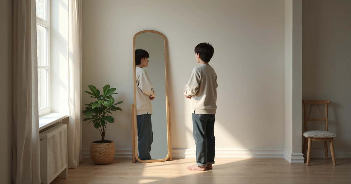 Pessoa observando o próprio reflexo em espelho iluminado 
