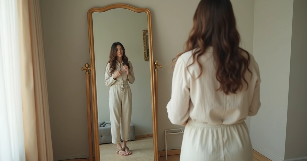 Pessoa observando o próprio reflexo em espelho com expressão pensativa