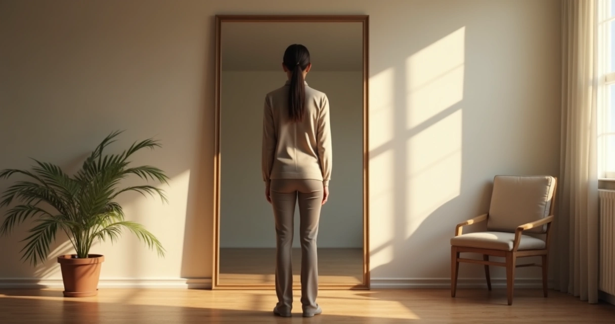 Pessoa observando o próprio reflexo em espelho com luz suave
