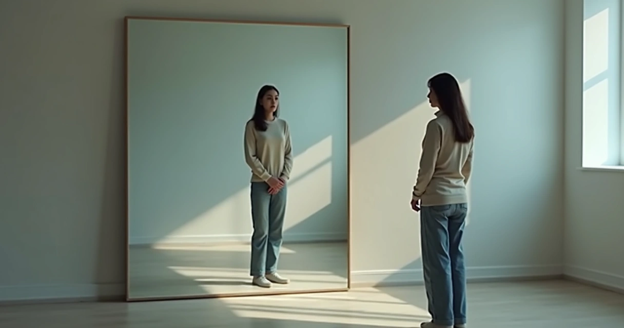 Pessoa olhando o próprio reflexo no espelho 