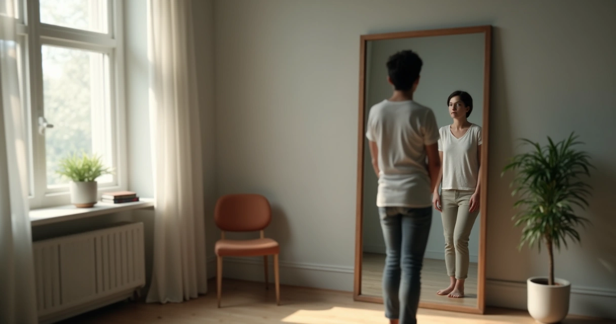 Pessoa observando o próprio reflexo em espelho com expressão contemplativa 