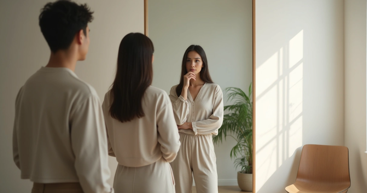 Pessoa observando o próprio reflexo em espelho com ambiente neutro 