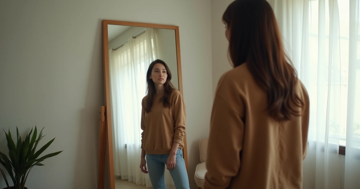 Pessoa observando o próprio reflexo em espelho de casa
