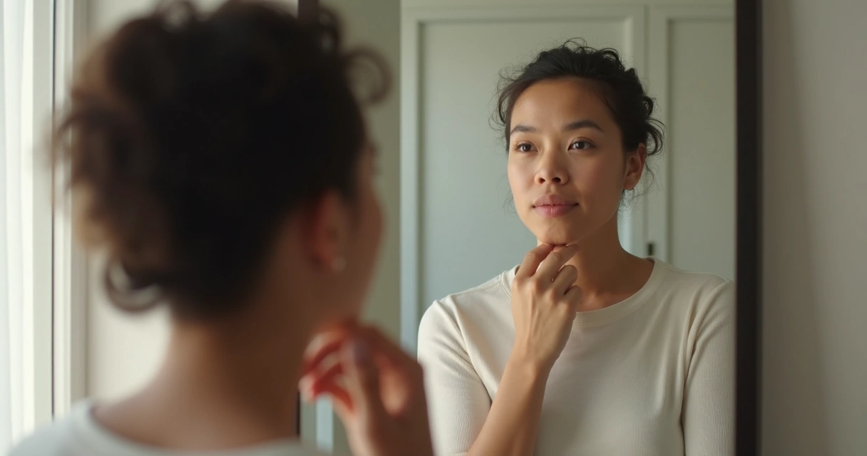 Pessoa olhando seu reflexo no espelho, mostrando expressão de reflexão 