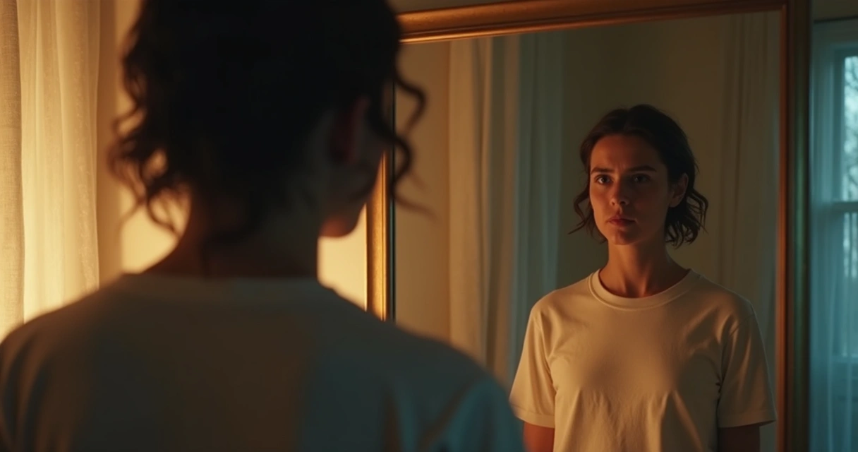 Pessoa olhando o próprio reflexo no espelho, com emoções mistas no rosto do reflexo 