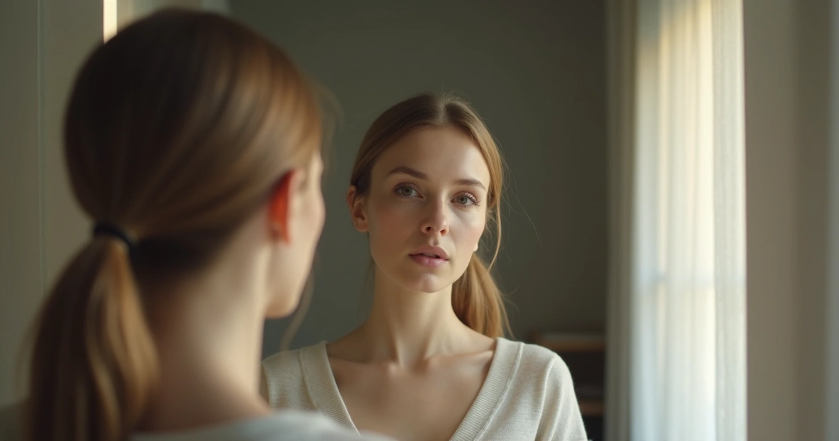 Pessoa observando o próprio reflexo no espelho