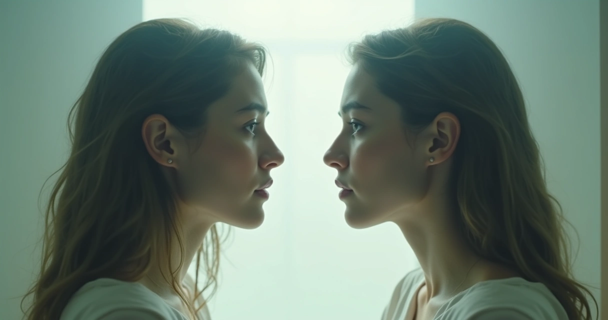 Duas pessoas se olhando em um espelho nebuloso 