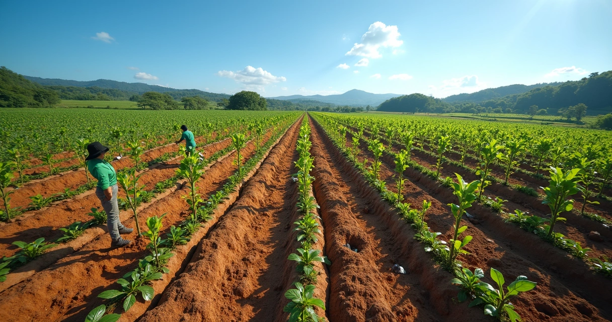 Plantação jovem de árvores em solo rural com céu claro 