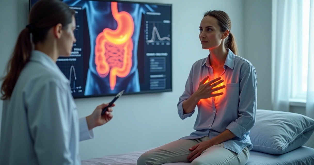 Pessoa com desconforto digestivo observando esquema de refluxo em exame médico 