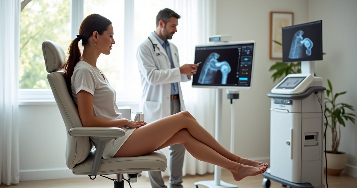 Mulher examinando pernas com veias aparentes em consultório vascular moderno 