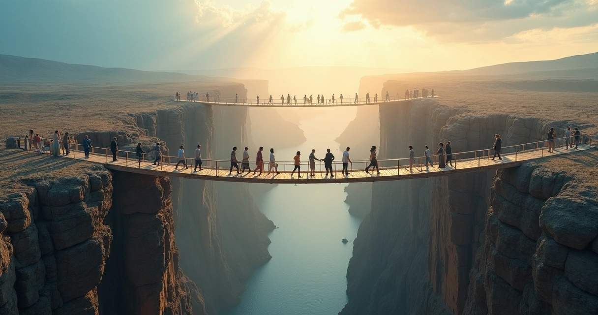 Grupo diverso caminhando sobre pontes que se conectam sobre um abismo 