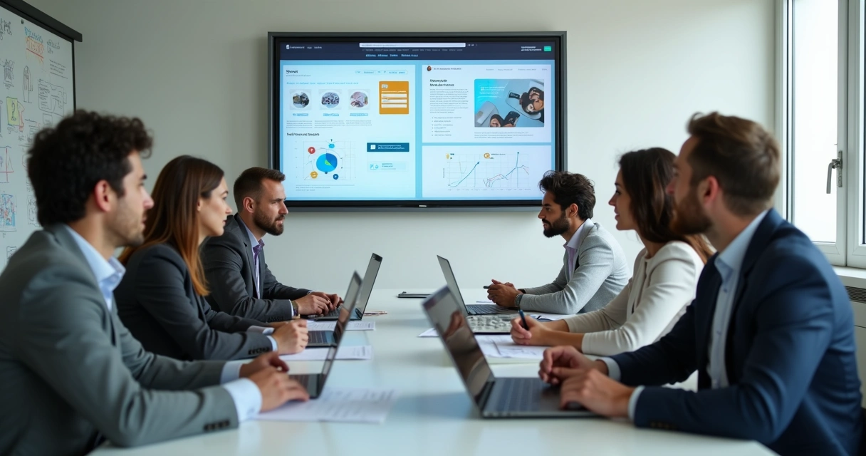 Equipe reunida em sala de reunião analisando site em tela grande