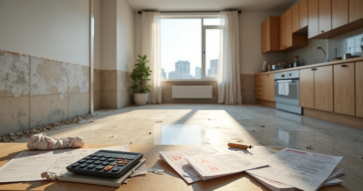 Sala de apartamento em reforma com erros aparentes e orçamento estourando na mesa 