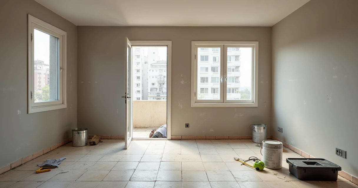 Apartamento vazio em reforma com ferramentas e materiais no chão