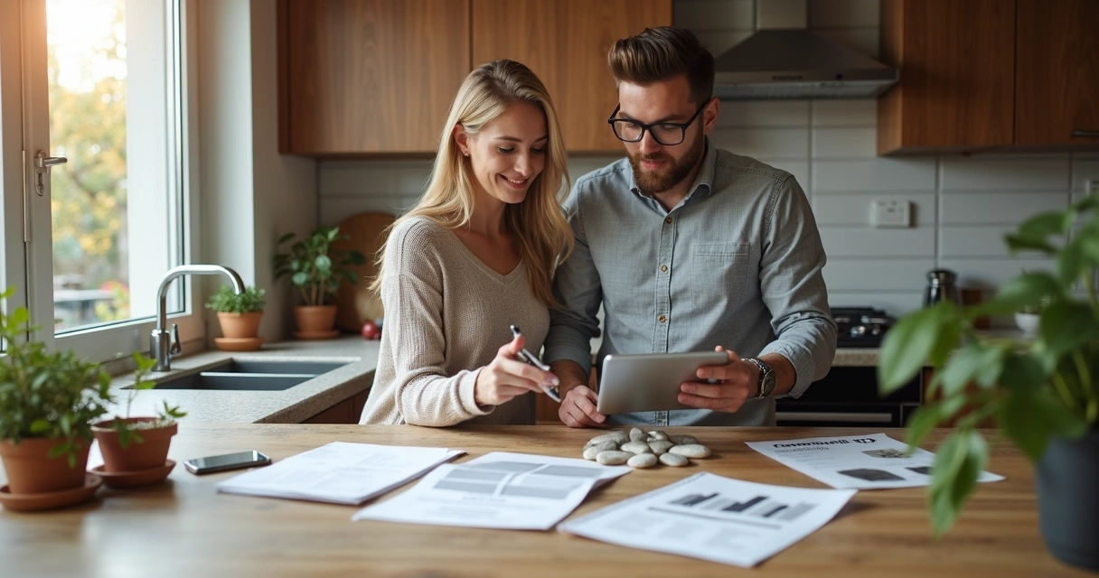 Ilha de cozinha pequena com bancada clara em apartamento moderno 