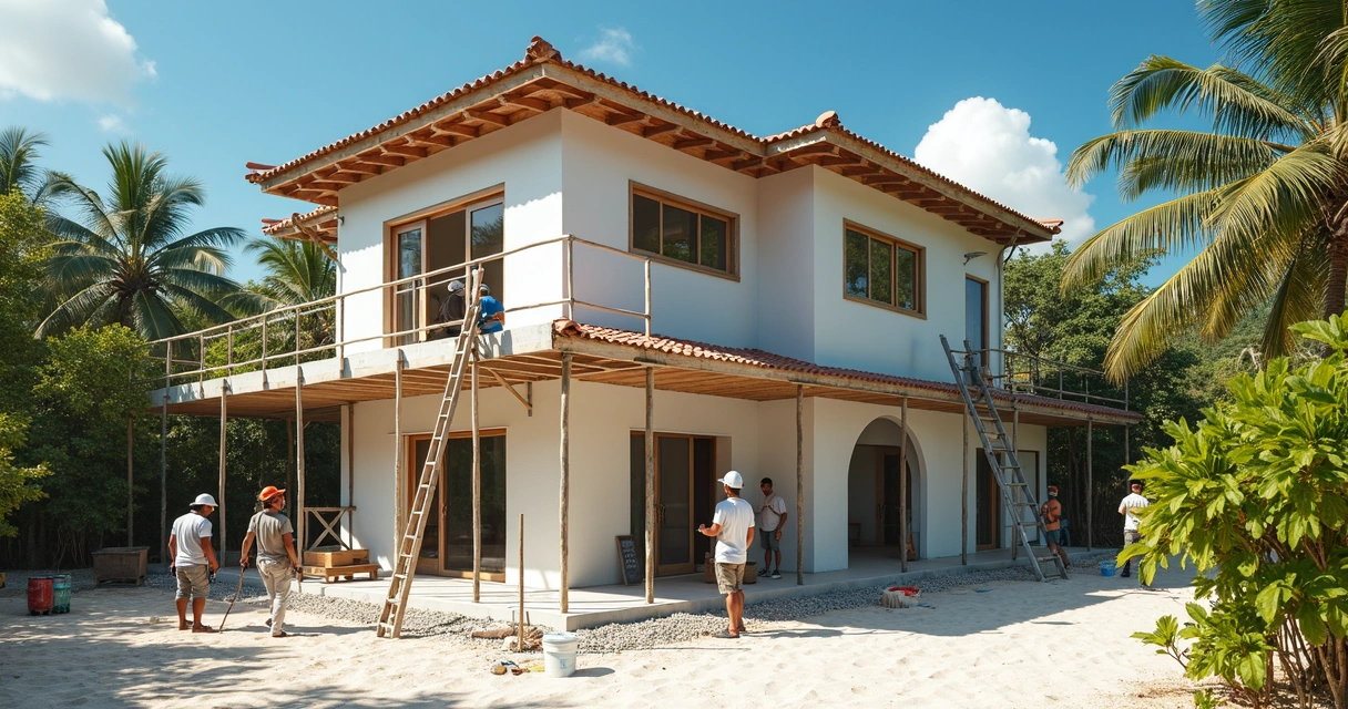 Obra de reforma de casa de praia com trabalhadores pintando paredes