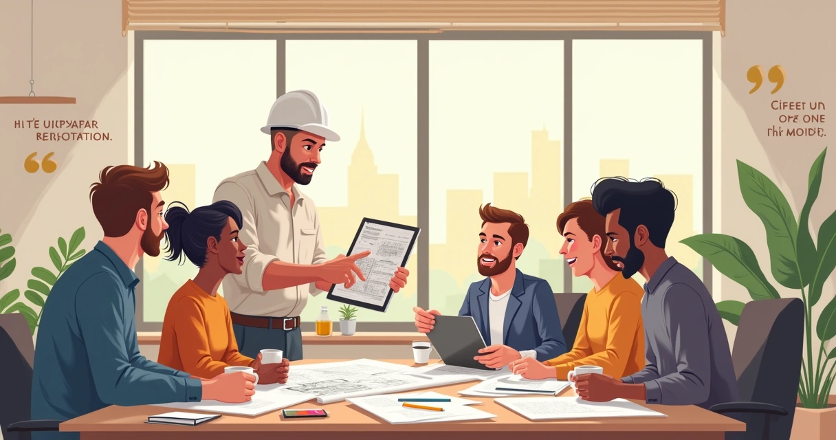 Time discussing corporate renovation plans in a modern office with blueprints and a digital portfolio.