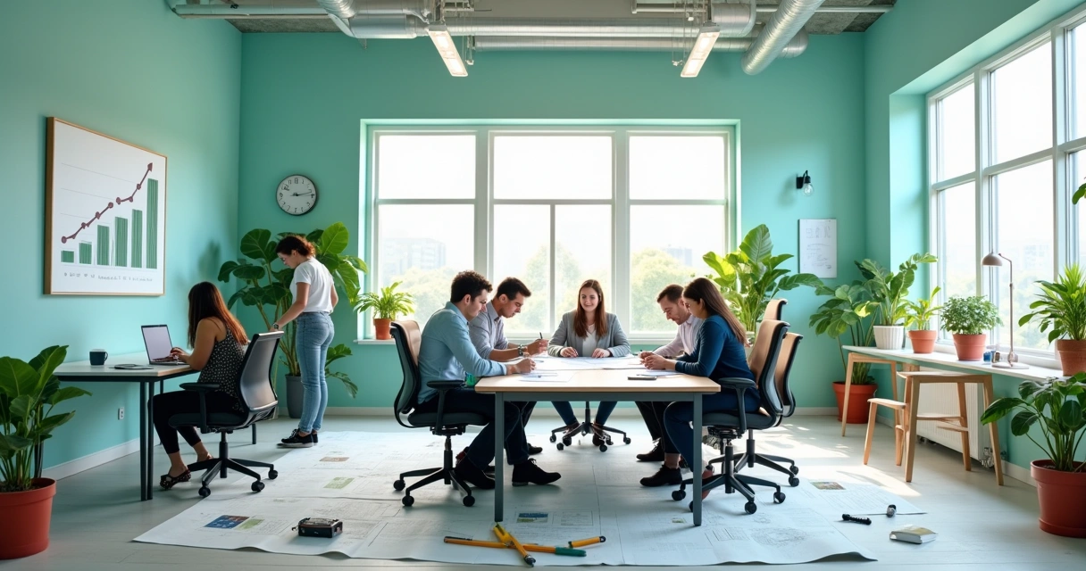 Espaço de escritório moderno em reforma, com profissionais colaborando e ambiente iluminado.